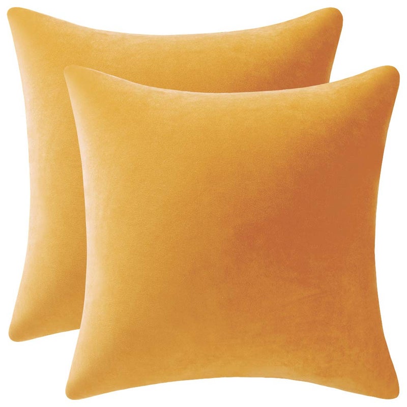 DEZENE Throw Pillow Covers 18x18 Mustard Yellow: Pack of 2 Cozy Soft Velvet Square Modern Luxury Decorative Throw Pillow Cases for Sofa Couch Living Room Bed Home Decor - Image 1